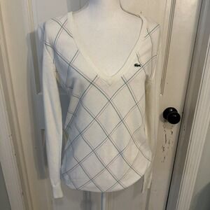 Lacoste Women's V-Neck Argyle Sweater in Cream Pink & Green Argyle Sz 42 (Lg)